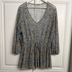 Dex Plus Size 2X Blue/Orange Paisley Print Long Sleeve Blouse Ties Stretch Waist